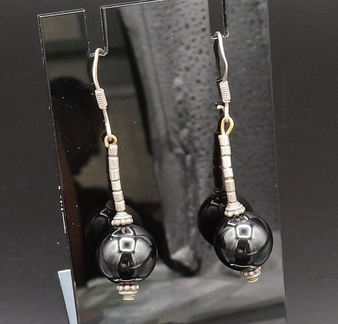 925 Silver  Vintage Detailed Bar & Black Onyx Bead Ball Drop Earrings  EG12281