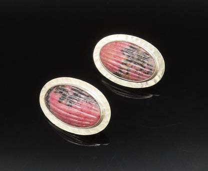 CERRO BLANCO 925 Silver  Vintage Ribbed Rhodonite Hammered Earrings  EG12247
