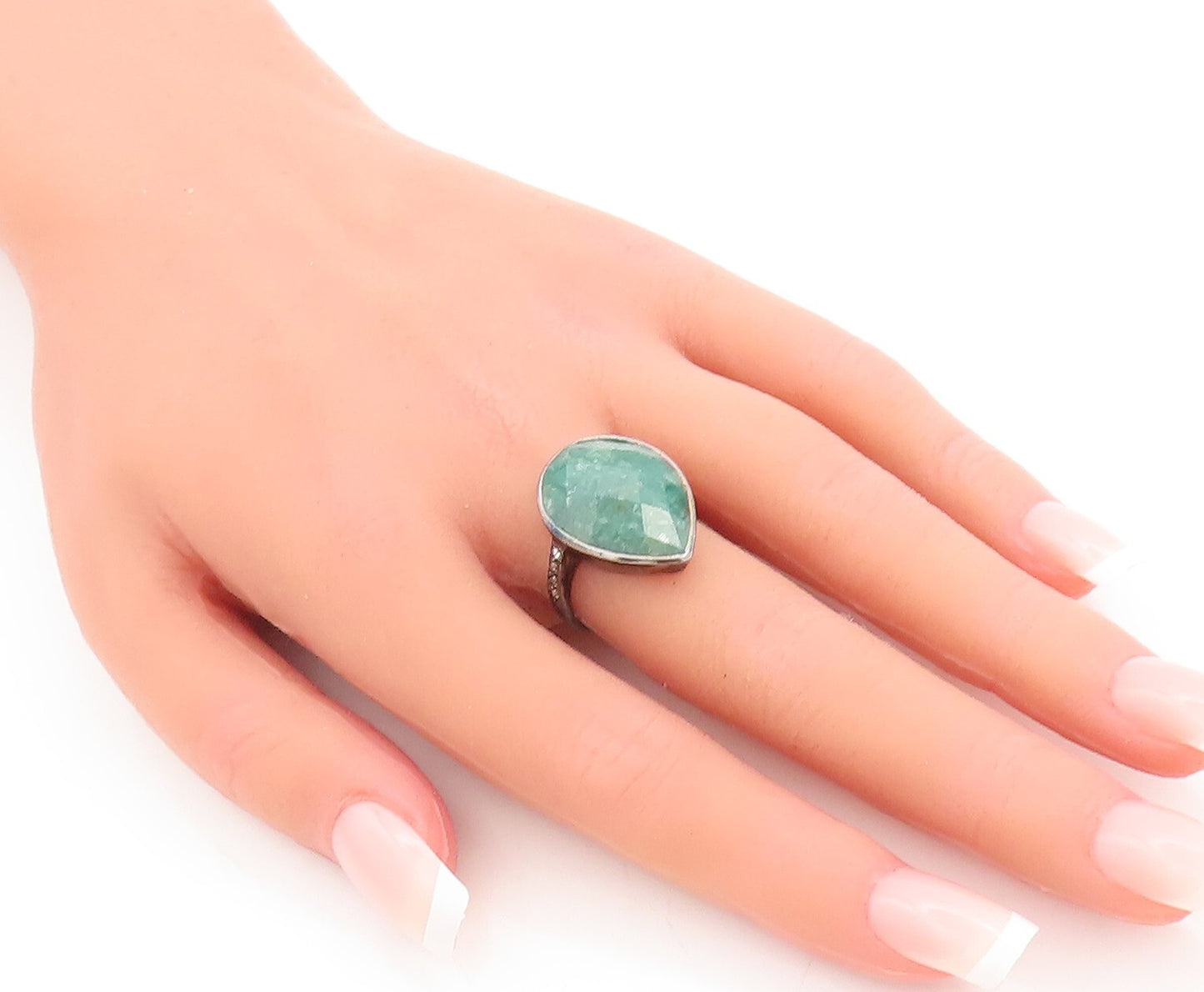 925 Sterling Silver Vintage Ring Drop Cut Gemstone Diamonds Inlay Sz 7  RG29173