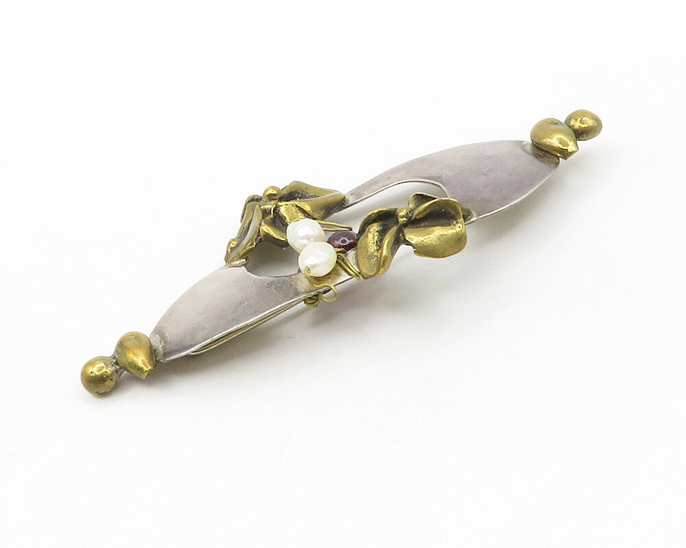 DESIGNER 925 Silver  Vintage Petite Pearls Two Tone Floral Brooch Pin  BP5292