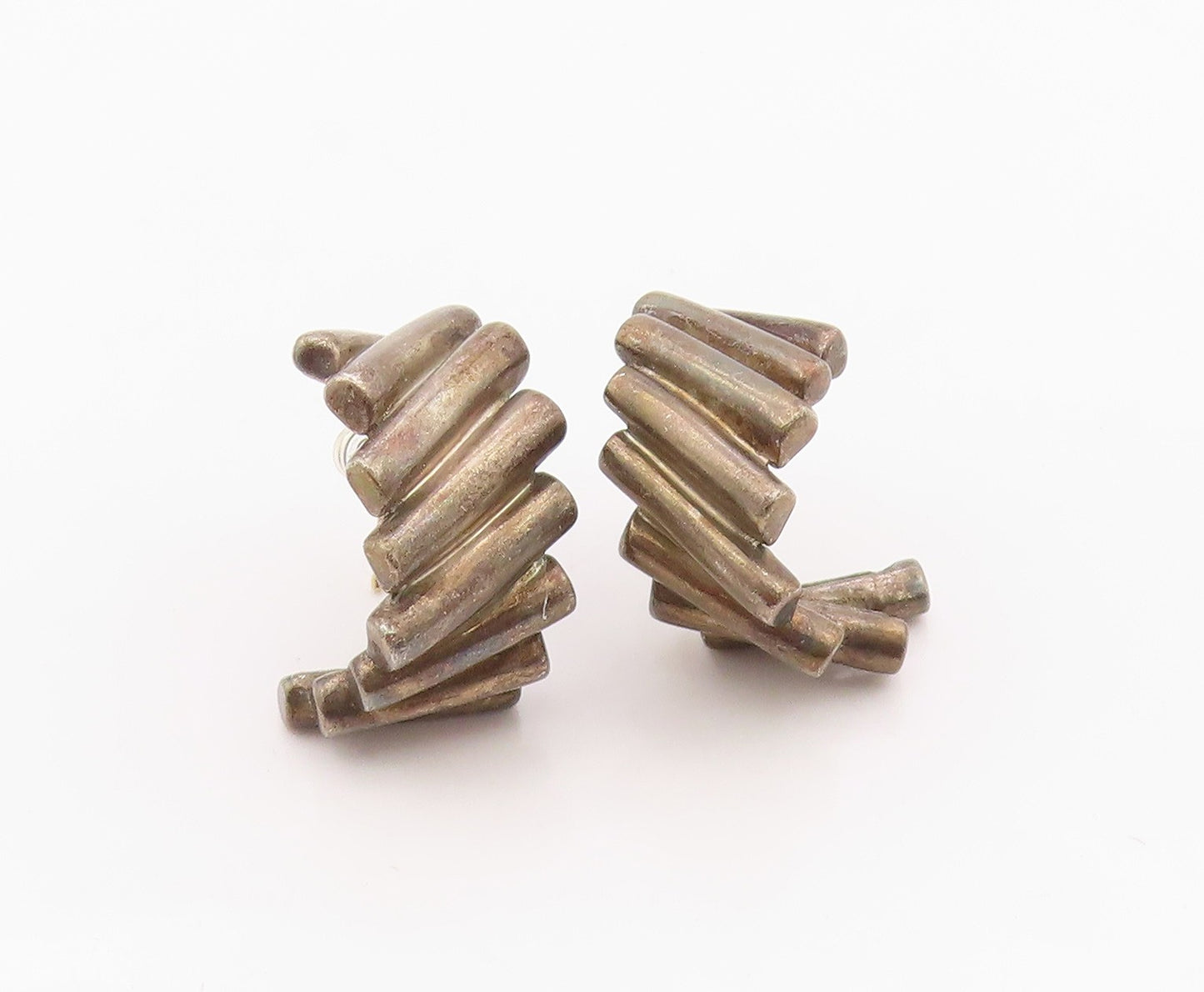 14k Gold & 925 Sterling Silver Vintage Earrings Chunky Stacked Cylinder  EG14394