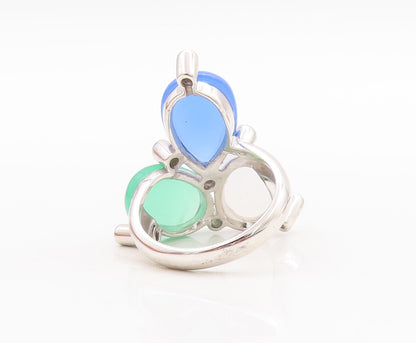 925 Sterling Silver Vintage Ring Cabochon Gemstones & CZ Beaded  Sz 7  RG29554