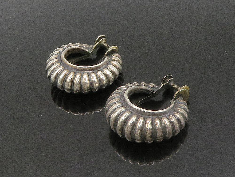 MEXICO 925 Silver  Vintage Fluted Hollow Non Pierce Hoop Earrings  EG11455