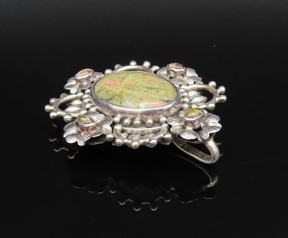 925 Silver  Vintage Cabochon Unakite & Peridot Floral Cluster Pendant  PT21917