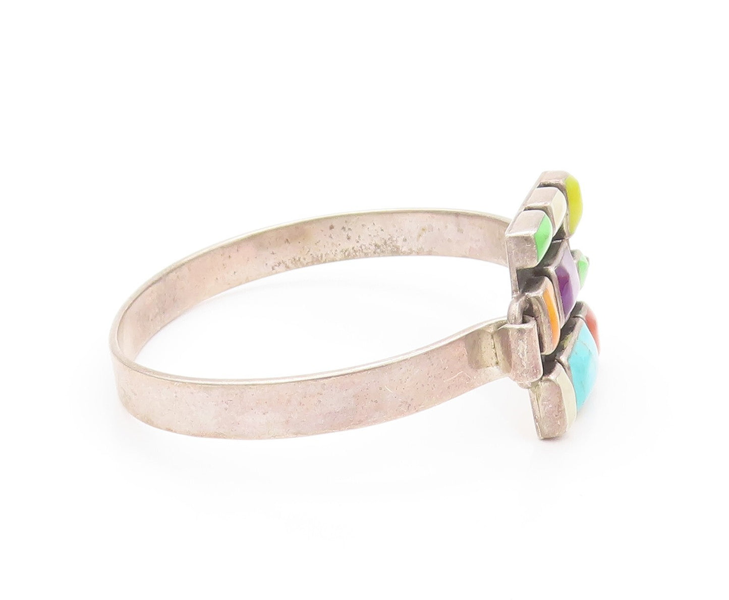 925 Sterling Silver Vintage Bracelet Rectangle Cut Multi Gemstones Inlay BT11159