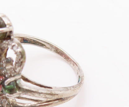 925 Sterling Silver Vintage Ring Diamonds & Gemstones Swirly Carved Sz 7 RG29349