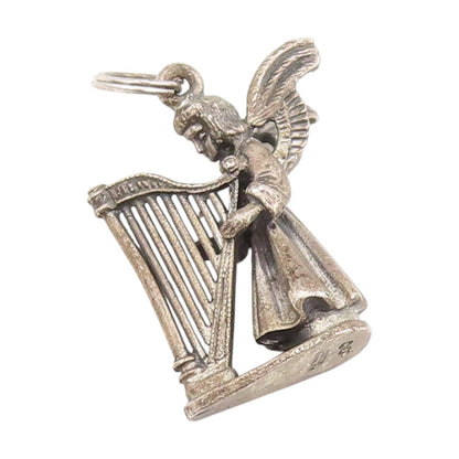 925 Sterling Silver Vintage Pendant CREED 3D Angel Playing Harp Charm  PT25353