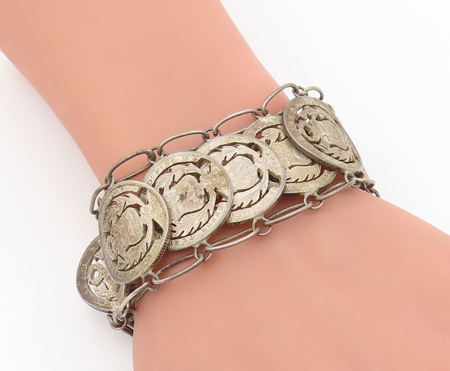 925 Sterling Silver Vintage Bracelet Antique Peruvian Cut Out Coin Link  BT11571