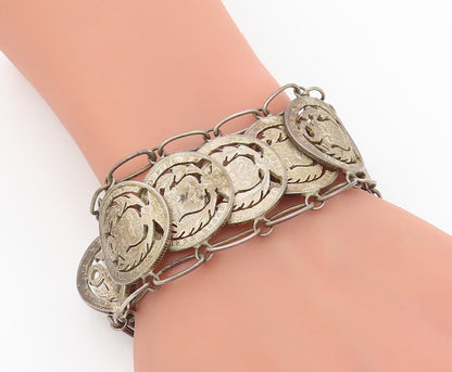 925 Sterling Silver Vintage Bracelet Antique Peruvian Cut Out Coin Link  BT11571