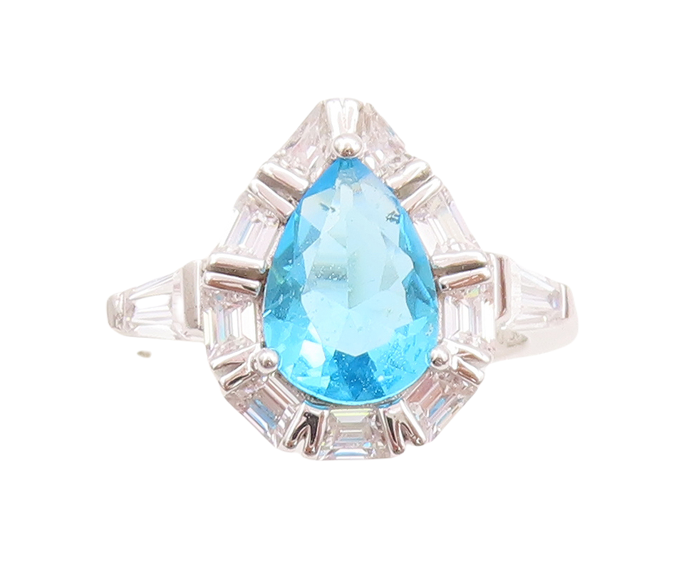 925 Sterling Silver Vintage Ring Drop Cut Blue Topaz Halo CZ  Sz 7  RG29649