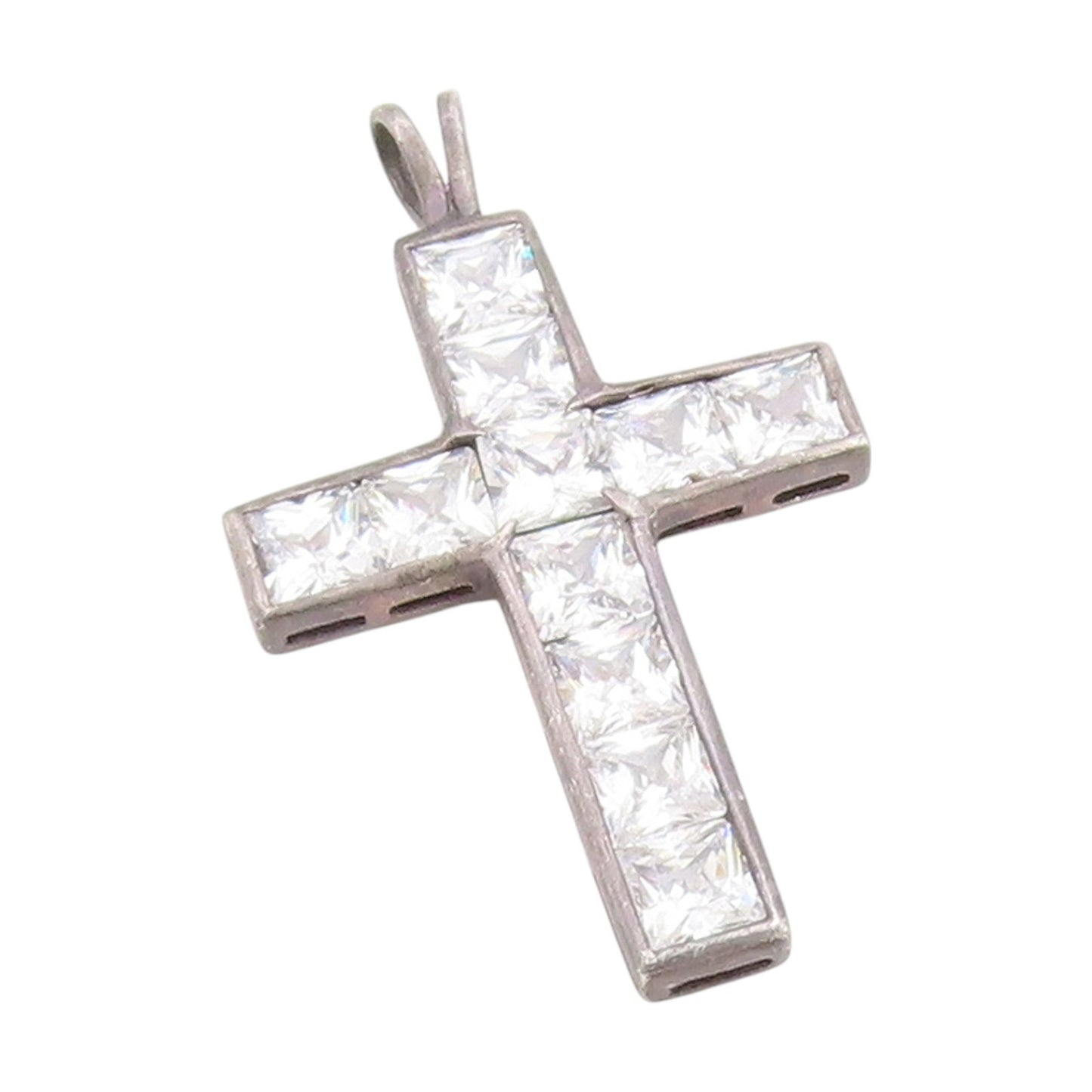 925 Sterling Silver Vintage Pendant CZ Geometric Square Religious Cross  PT25868