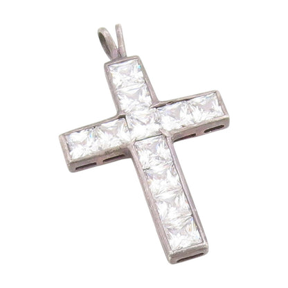 925 Sterling Silver Vintage Pendant CZ Geometric Square Religious Cross  PT25868
