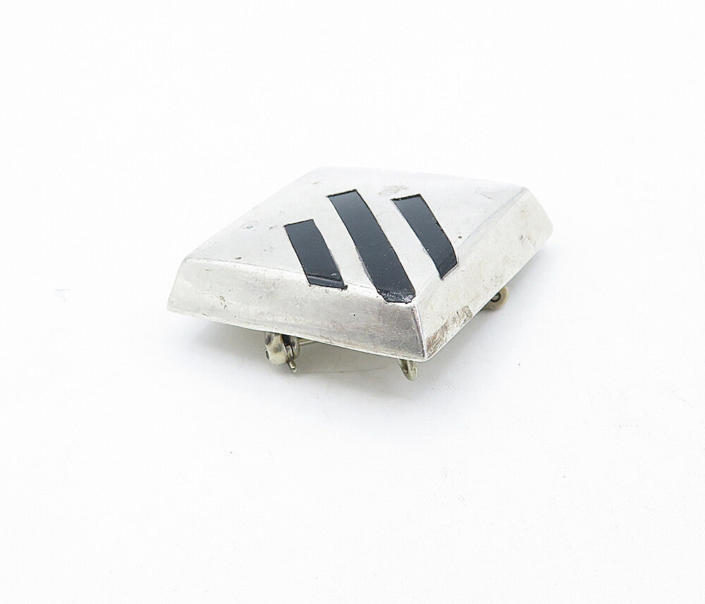 MEXICO 925 Silver  Vintage Black Onyx Striped Hollow Square Brooch Pin  BP1249