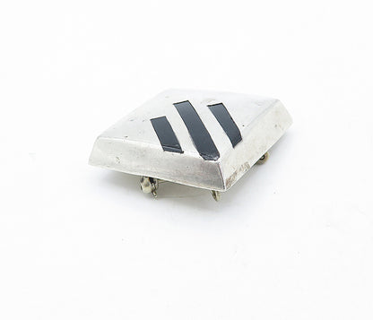 MEXICO 925 Silver  Vintage Black Onyx Striped Hollow Square Brooch Pin  BP1249