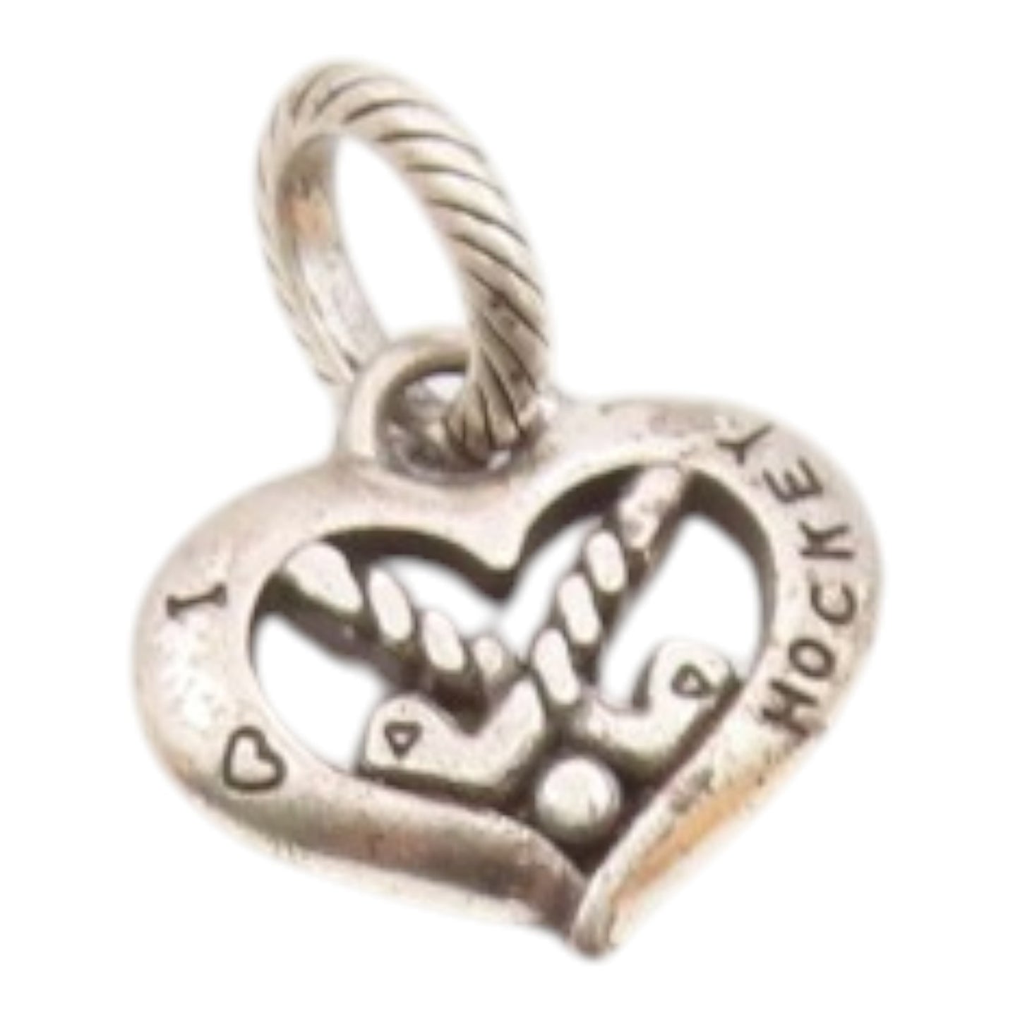 925 Sterling Silver  Vintage I Love Hockey Heart Sports Motif Pendant  PT19454