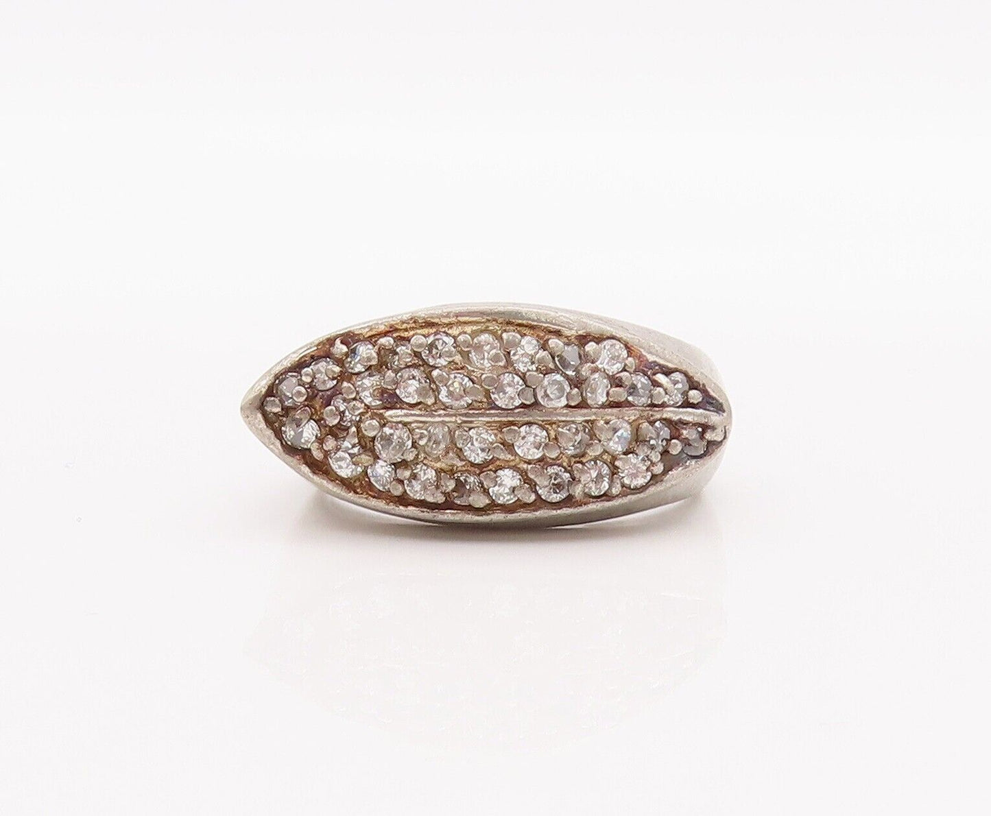 925 Sterling Silver Vintage Ring Solid Leaf Carved Inlay CZ  Sz 7  RG28363