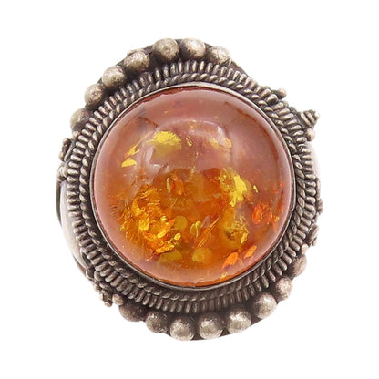 925 Sterling Silver Vintage Ring Dark Tone Carved Cabochon Amber  Sz 6  RG31883