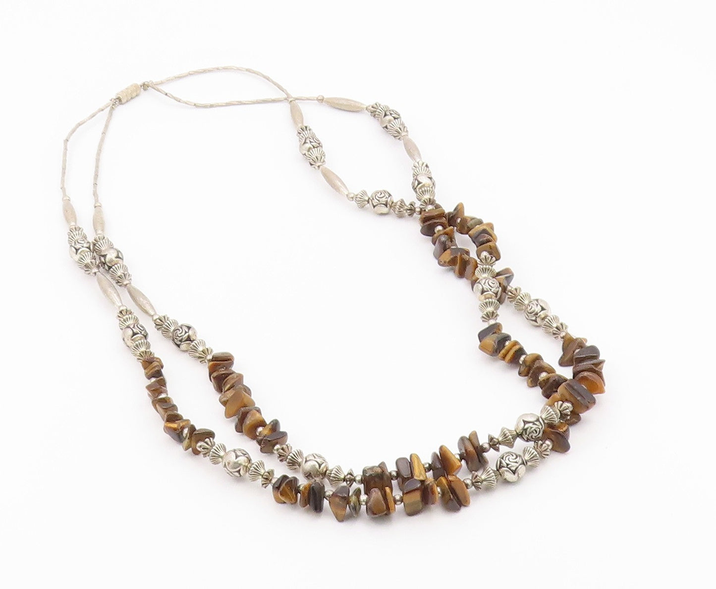 925 Silver  Vintage Engraved Sphere Bar & Tiger's Eye Layered Necklace  NE3877