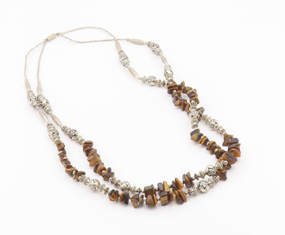 925 Silver  Vintage Engraved Sphere Bar & Tiger's Eye Layered Necklace  NE3877