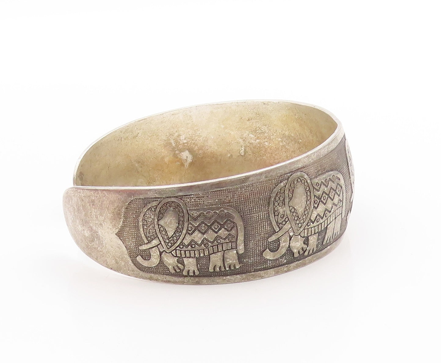 925 Sterling Silver Vintage Bracelet Etched Tribal Elephant Parade Cuff  BT11407
