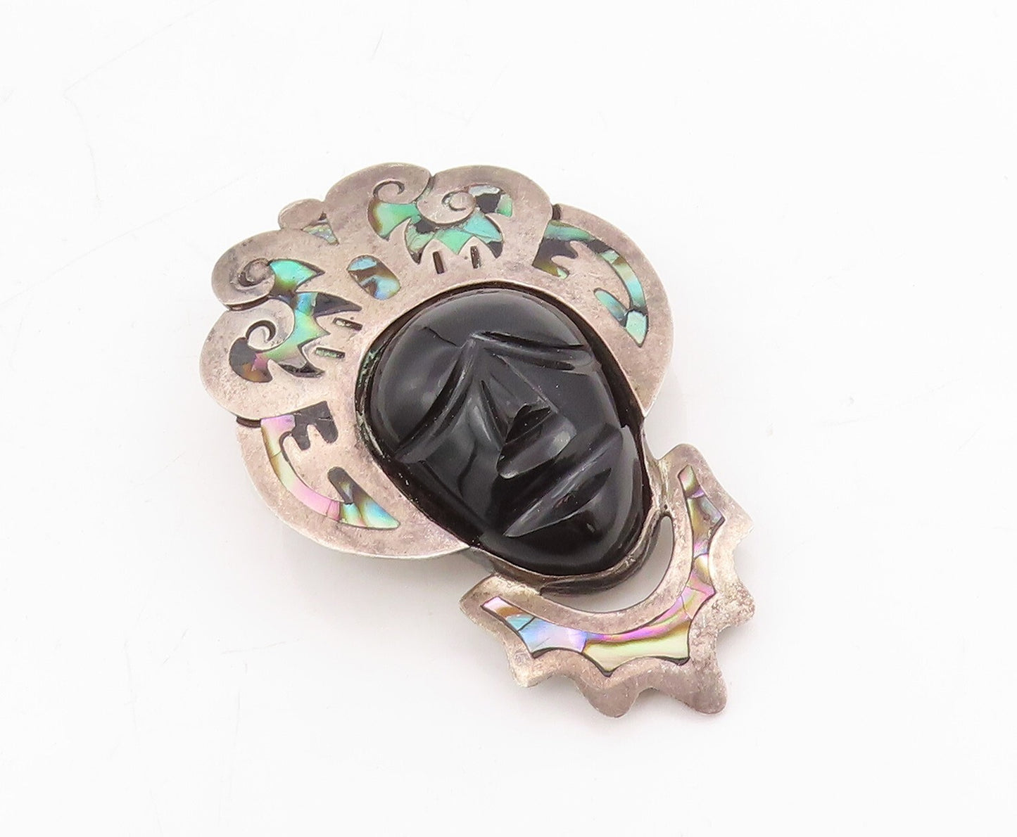 925 Sterling Silver Vintage Brooch Pin TAXCO Onyx Face Abalone Crown  BP11459