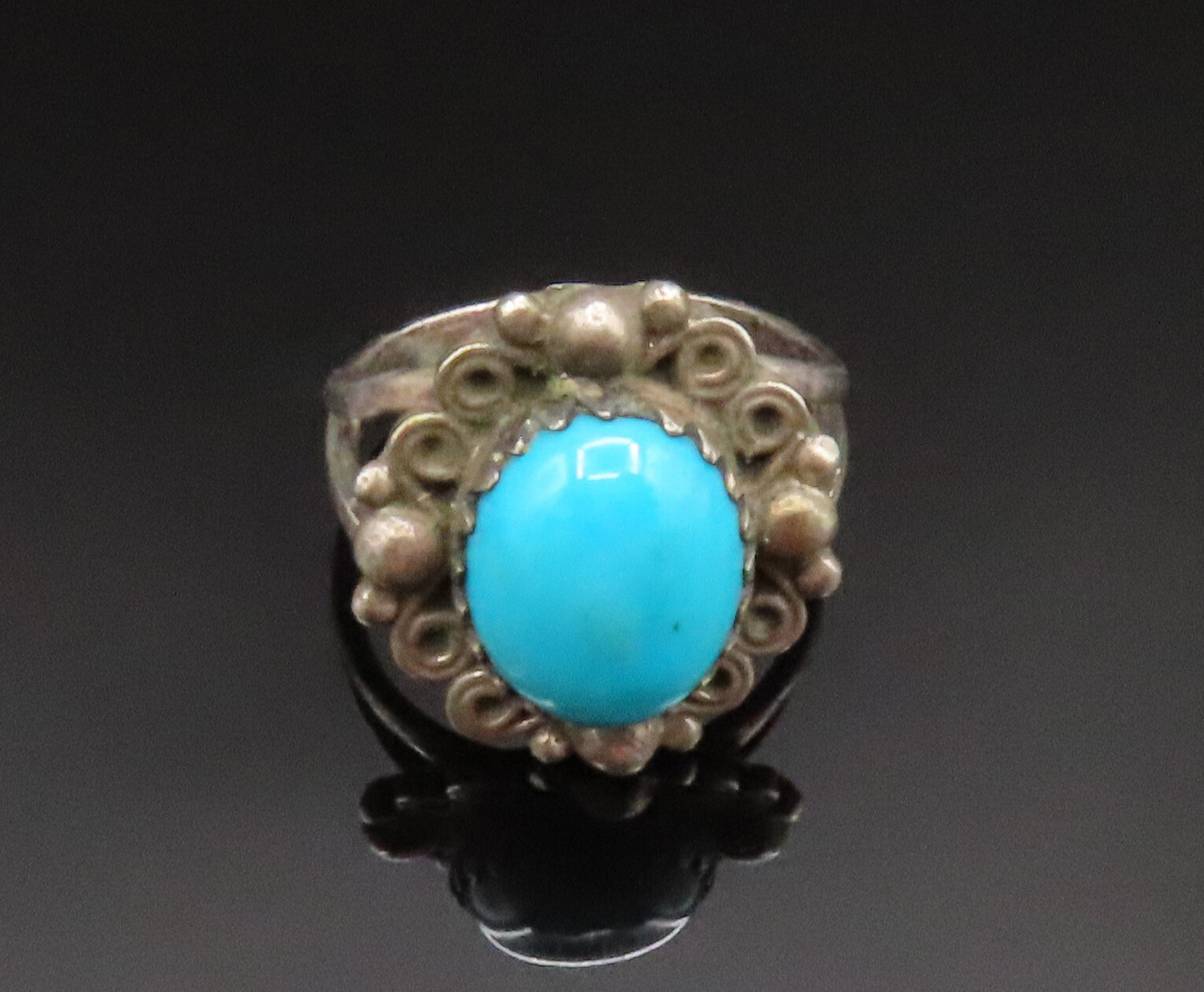 RS NAVAJO 925 Silver  Vintage Beaded Spiral Frame Turquoise Ring Sz 3  RG25258