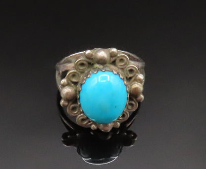 RS NAVAJO 925 Silver  Vintage Beaded Spiral Frame Turquoise Ring Sz 3  RG25258
