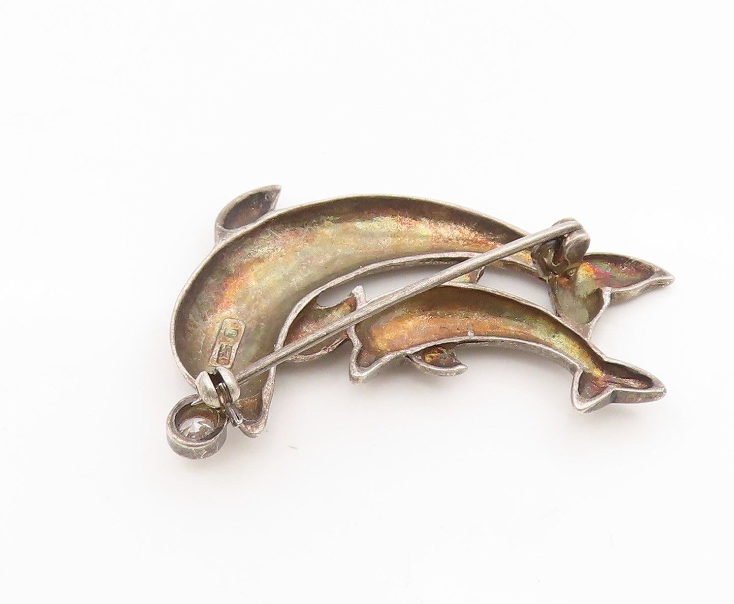 925 Sterling Silver Vintage Brooch Round Topaz Mother & Baby Dolphin  BP12143