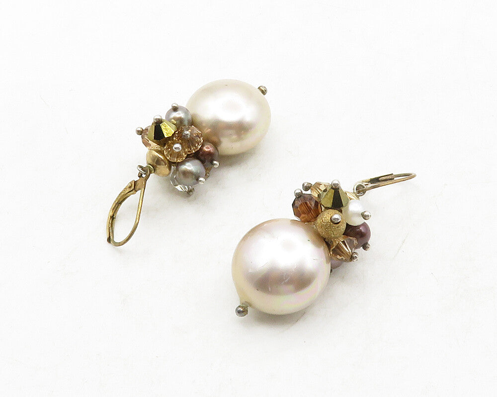 925 Silver & 14K GOLD  Vintage Petite Pearls Cluster Drop Earrings  EG6634