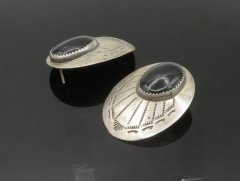 SOUTHWESTERN 925 Silver Vintage Cabochon Black Onyx Drop Earrings EG11549