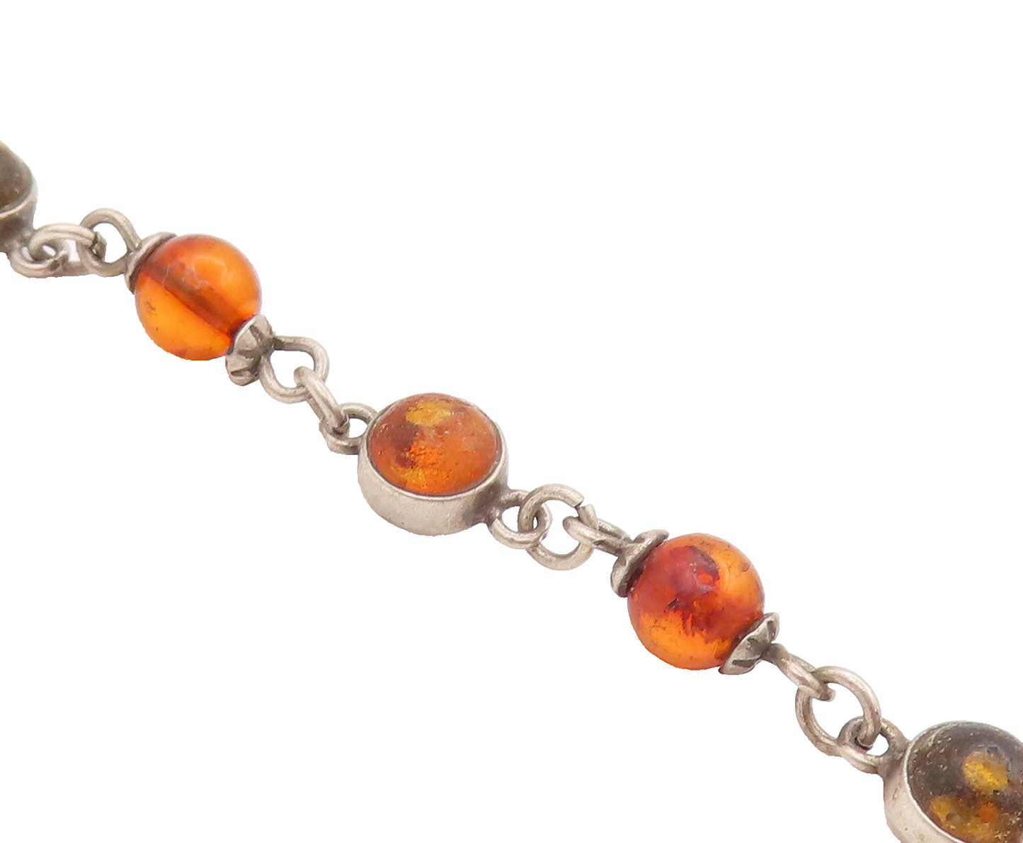925 Sterling Silver Vintage Bracelet Mini Round Cabochon Amber Links  BT10431