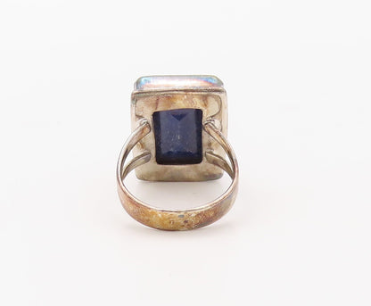 925 Sterling Silver Vintage Ring Rectangle Cut Lapis Lazuli  Sz 9.5  RG30763