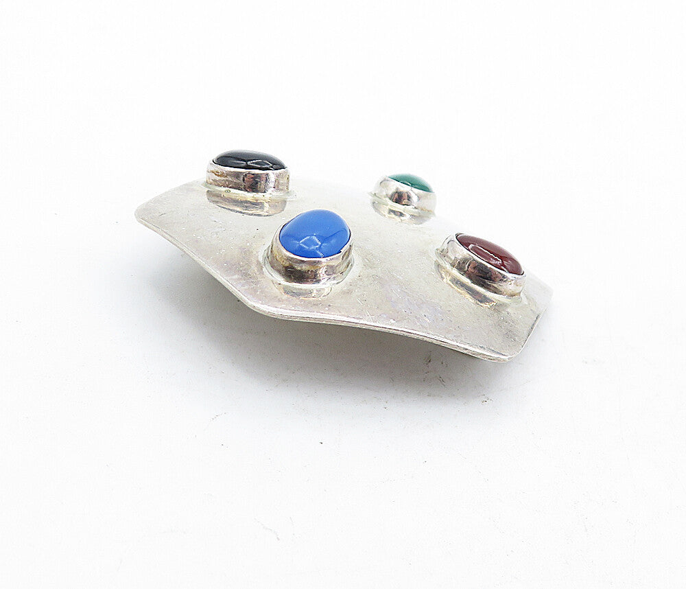 MEXICO 925 Silver  Vintage Black Onyx & Topaz Hexagon Shape Brooch Pin  BP2042
