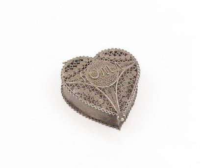925 Sterling Silver Vintage Trinket Box Antique Love Heart Filigree OPENS TR4197