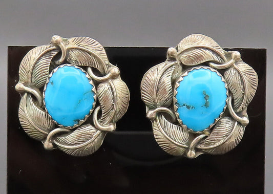 ZUNI NAVAJO 925 Silver  Vintage Turquoise Halo Carved Leaf Earrings  EG12625