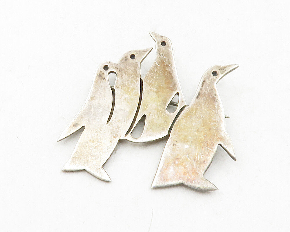 MEXICO 925 Sterling Silver  Vintage Dark Tone Penguins Brooch Pin  BP4499