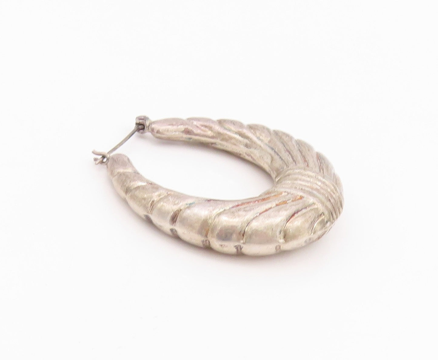 925 Sterling Silver Vintage Earrings Designer Puffed Grooved Hoops  EG13661