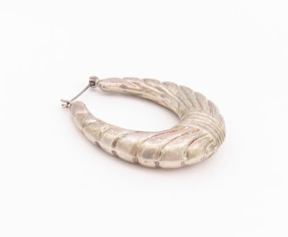 925 Sterling Silver Vintage Earrings Designer Puffed Grooved Hoops  EG13661