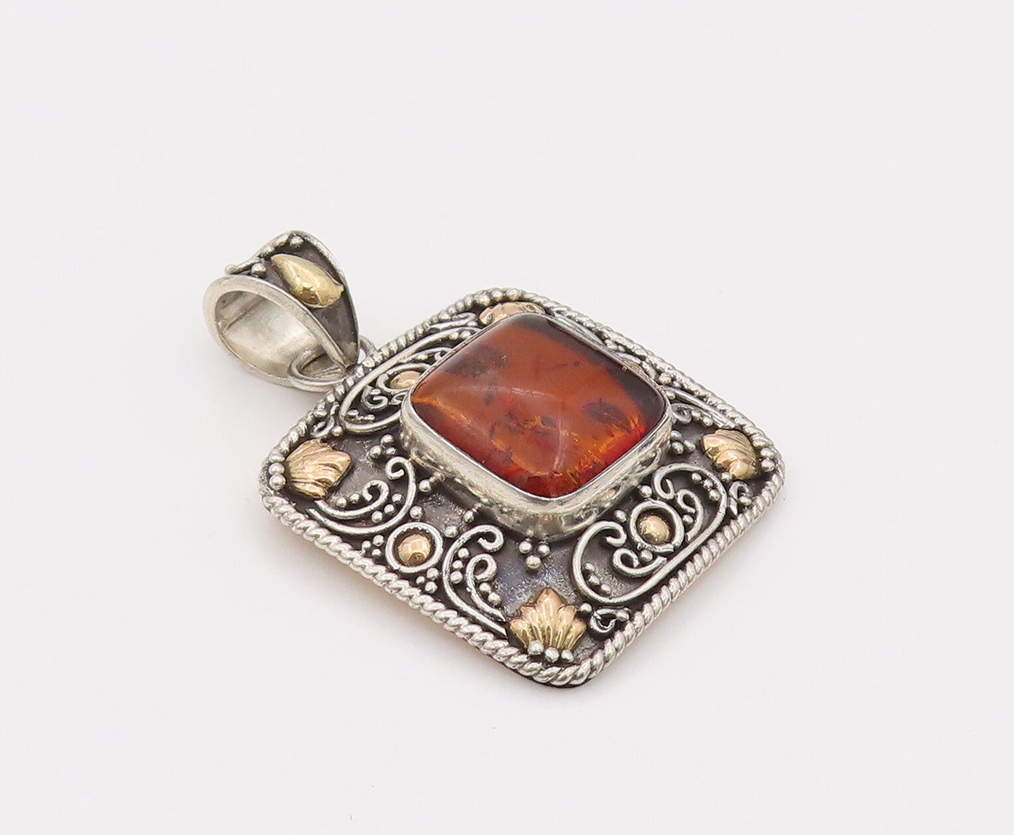 18k GOLD & 925 Silver  Vintage Square Bali Swirly Amber Pendant  PT22173