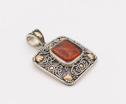 18k GOLD & 925 Silver  Vintage Square Bali Swirly Amber Pendant  PT22173