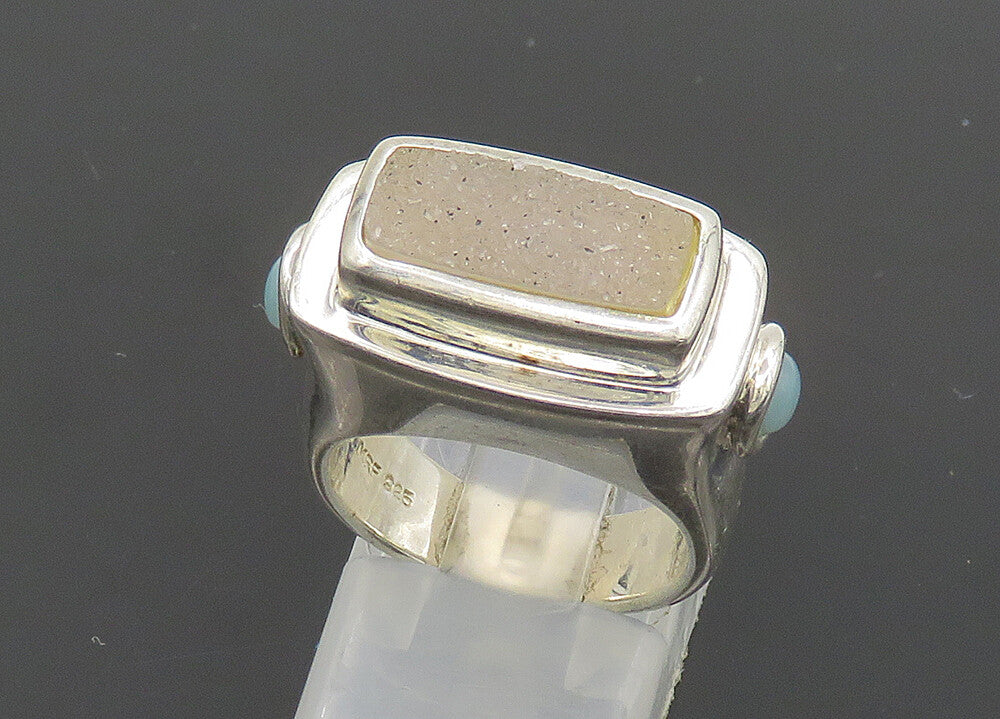 925 Sterling Silver  Vintage Druzy & Turquoise Square Band Ring Sz 6  RG20281