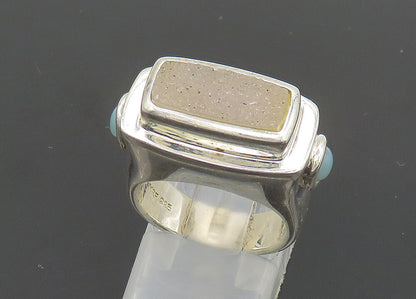 925 Sterling Silver  Vintage Druzy & Turquoise Square Band Ring Sz 6  RG20281