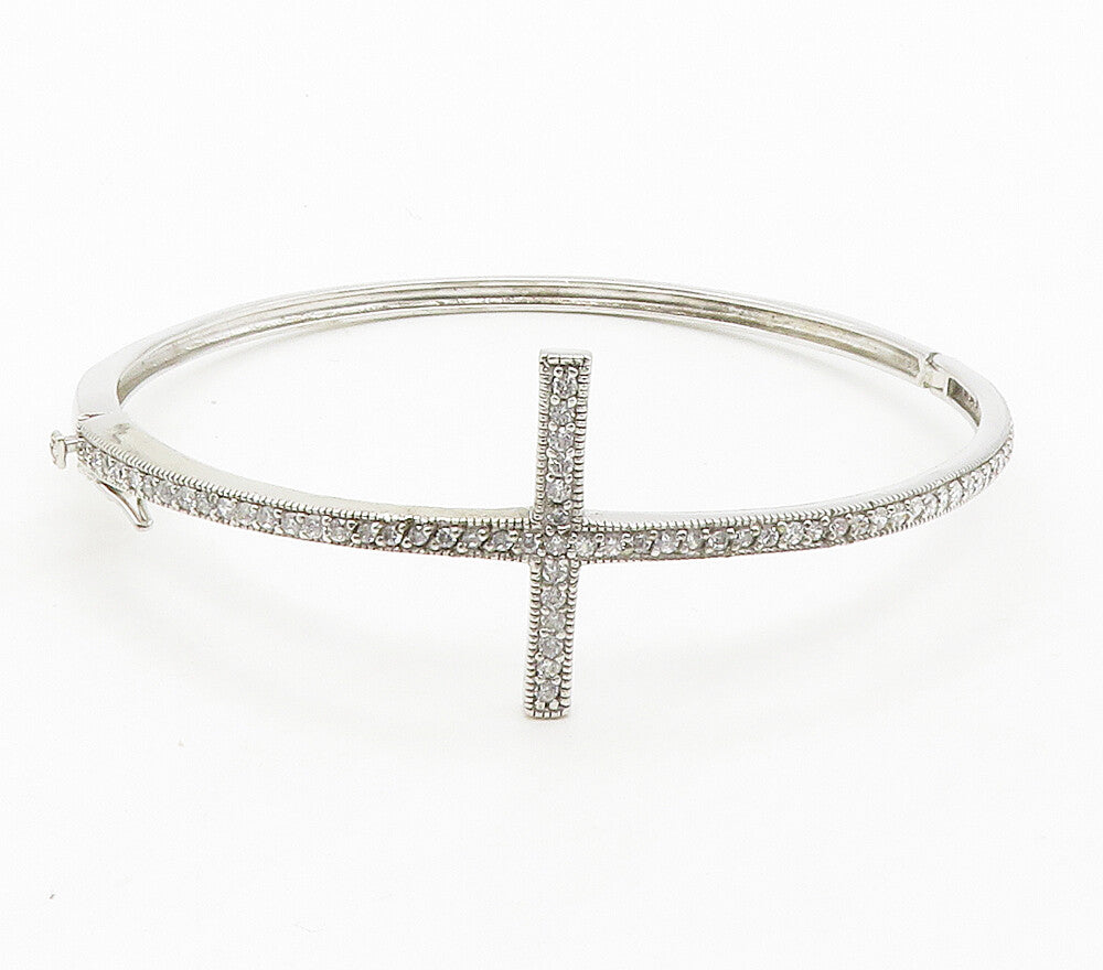 925 Sterling Silver  Cubic Zirconia Religious Cross Bangle Bracelet  BT6228