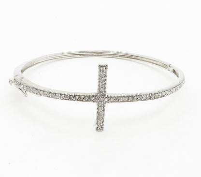 925 Sterling Silver  Cubic Zirconia Religious Cross Bangle Bracelet  BT6228