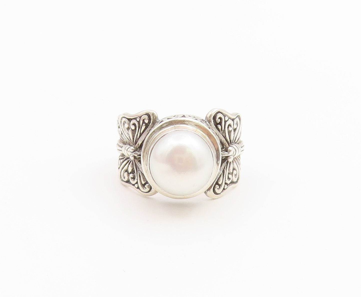 925 Sterling Silver Vintage Ring Elegant Pearl Butterfly Motif  Sz 7  RG36748