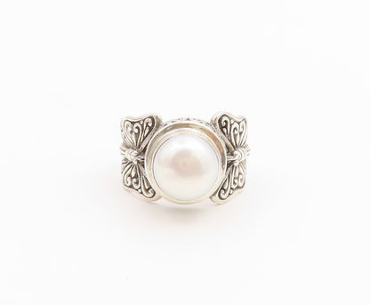 925 Sterling Silver Vintage Ring Elegant Pearl Butterfly Motif  Sz 7  RG36748