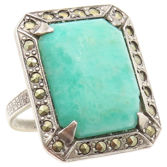 925 Sterling Silver Vintage Ring Amazonite & Marcasite Band  Sz 5.5  RG36785