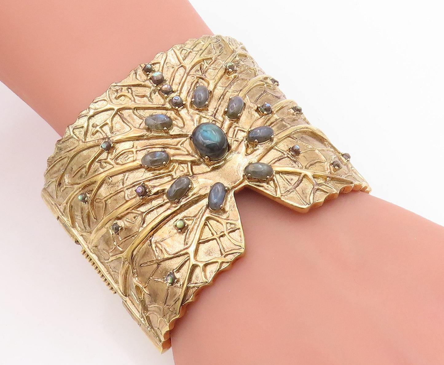 925 Sterling Silver Vintage Bracelet Gold Plated Gemstone Cuff HEAVY  BT11599