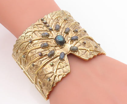 925 Sterling Silver Vintage Bracelet Gold Plated Gemstone Cuff HEAVY  BT11599