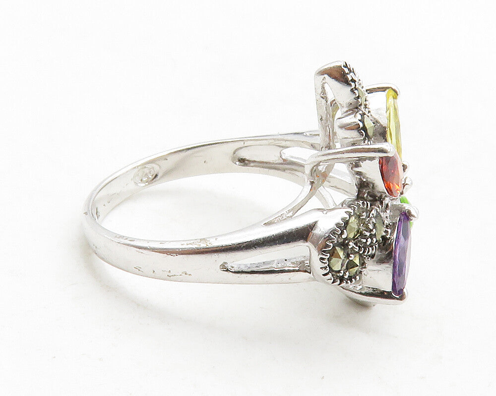 925 Silver  Topaz Amethyst Peridot & Marcasite Cocktail Ring Sz 6  RG13219